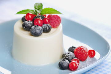 Food: Panna cotta with fruits and mint