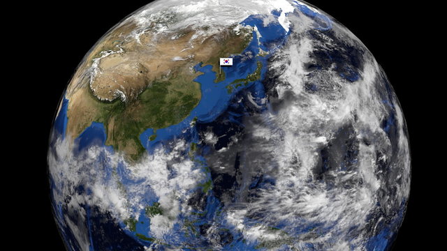 South Korean flag on pole on earth globe animation
