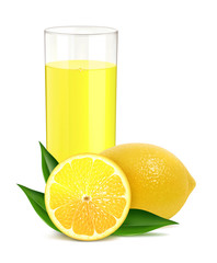 Fresh lemons with leaves and juice