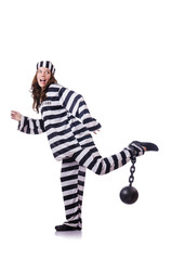 Prisoner in striped uniform on white