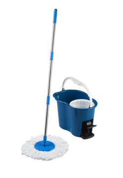 cleaning mop and blue bucket isolated on white background