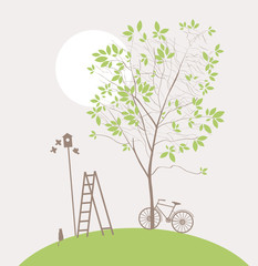 spring landscape with green tree and bike