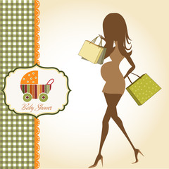 baby announcement card with beautiful pregnant woman on shopping