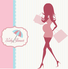 baby announcement card with beautiful pregnant woman on shopping