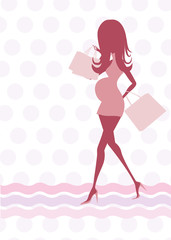 baby announcement card with beautiful pregnant woman on shopping