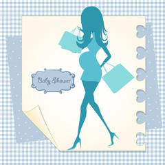 baby announcement card with beautiful pregnant woman on shopping