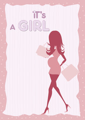 baby announcement card with beautiful pregnant woman on shopping