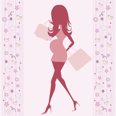 baby announcement card with beautiful pregnant woman on shopping