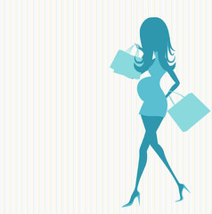 baby announcement card with beautiful pregnant woman on shopping
