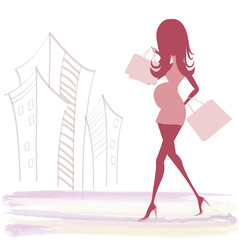 baby announcement card with beautiful pregnant woman on shopping