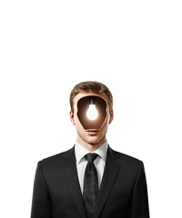 man with bulb inside head isolated on white