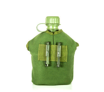 Army water canteen isolated on a white background.