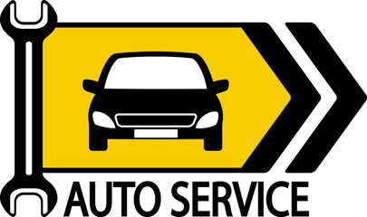 sign with car, wrench and arrow
