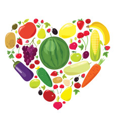 Healthy life. Heart of fruits and vegetables. Vector