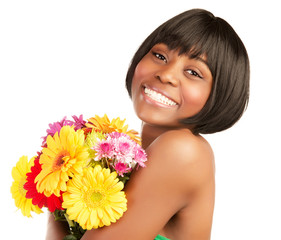 Smiling black girl with bouquet