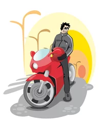 Plexiglas foto achterwand de man op de rode motor © Aboltin