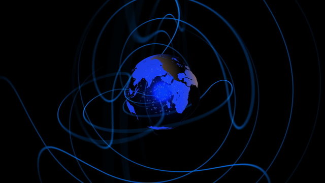 Blue earth spinning with lines emulating from it