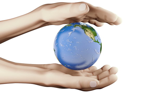 Realistic visualization Earth between hands. seamless 4-16 sec