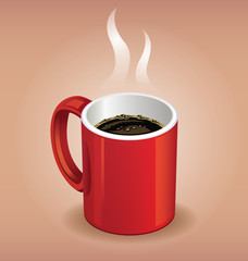 Red coffee cup on brown background