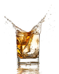 Whiskey glass with splash, isolated on white background