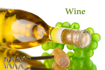 Bottle of great wine and corkscrew isolated on white