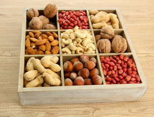 assortment of tasty nuts in  wooden box on table