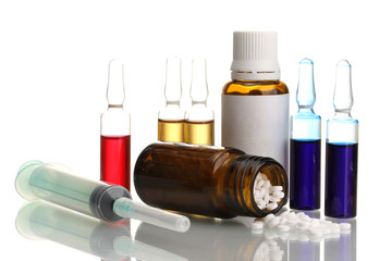 medical ampules, bottles and syringes, isolated on white