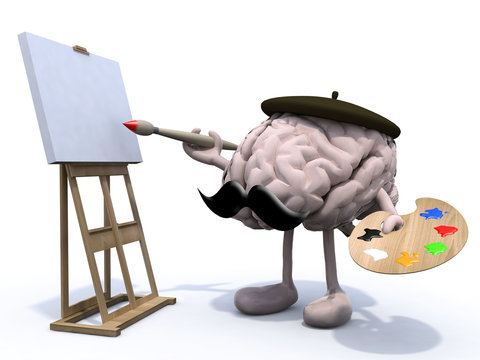 human brain with arms, legs, moustache painter