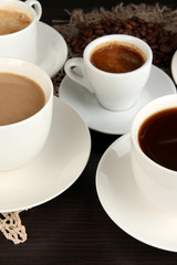 Assortment of different hot coffee drinks close up