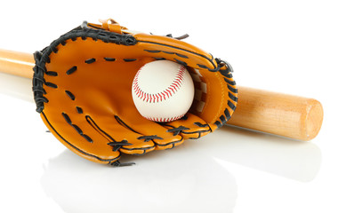 Baseball glove, bat and ball isolated on white