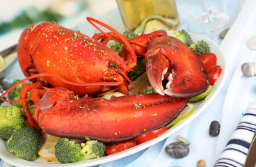 Red lobster on platter on serving table close-up