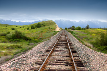 Train track in prairie landscape of Montana