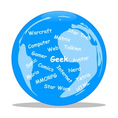 Geek : nuage de mots dans un globe-terrestre