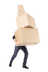 Man lifting cardboard boxes on white, moving day