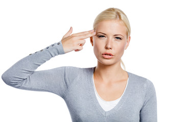 Woman hand gun gesturing, isolated on white