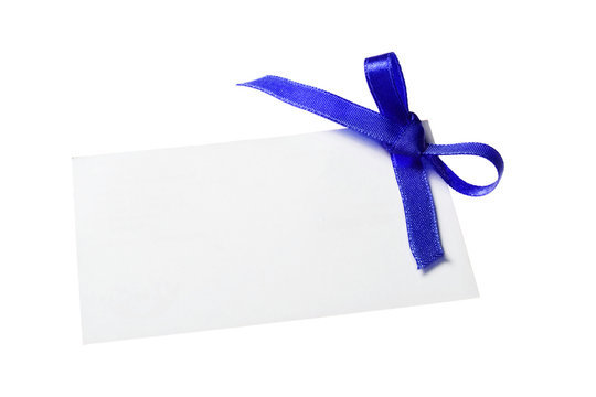 Blank gift tag tied with a bow blue red satin ribbon.