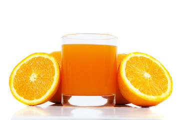 fresh orange fruits and juice isolated on white