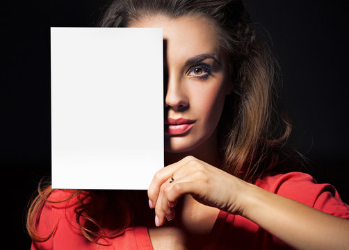 Beautiful Lady Holding An Empty White Sheet