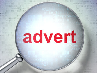 Advertising concept: Advert with optical glass on digital backgr