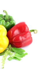 A Bell peppers Three colors on white Background.