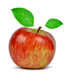 red apple with green leaf isolated on white background