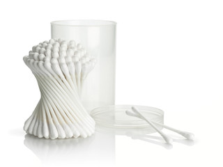 Cotton buds and plastic packing on a white background