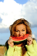 Beautiful woman, funny, eating, watermelon