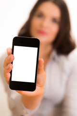 Female model presenting iPhone smartphone screen