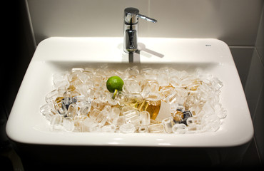 bottle of beer and a bottle of wine is in the sink in the ice
