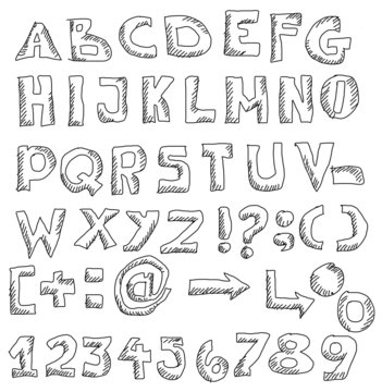 Hand drawn font and numbers, doodles