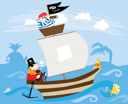 pirate ship, waves, blue sky and shape of whale and island