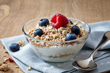 bowl of muesli and yogurt with fresh berries