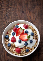 bowl of muesli and yogurt with fresh berries