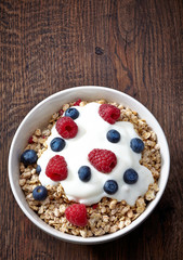 bowl of muesli and yogurt with fresh berries